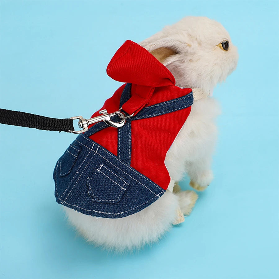 Rabbit Clothes Set – Denim Jacket Coat with Harness, Leash, and Hat for Small Pets like Bunnies, Ferrets, Hamsters, and Small Dogs